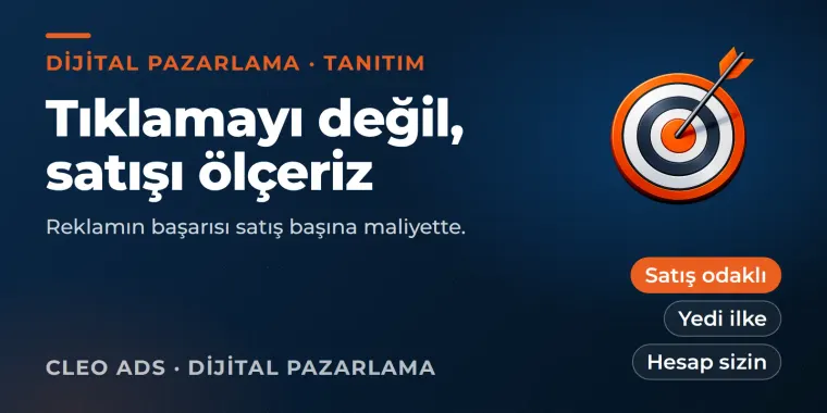Koyu zeminde hedef ve yükselen ok; satışa göre ölçen performans pazarlama ajansını anlatan marka kartı.