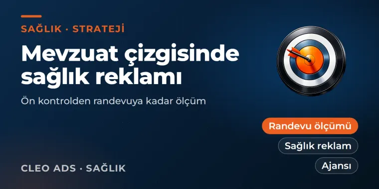 Koyu zeminde turuncu vurgulu marka kartı: Mevzuat çizgisinde sağlık reklamı başlığı ve sağlık motifi